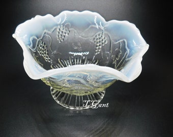 1907 Jefferson Glass White Opalescent Glass Vintage Pattern Bowl # 245 Grapes & Vines Candy Dish Whatnot Dish