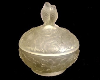 Vintage Frosted Glass Dresser Vanity Box: Love Birds & Pansy Flowers, 1940s