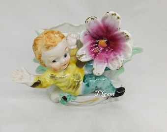 Adorable Vintage Wales China Boy with Flowers Planter Vase