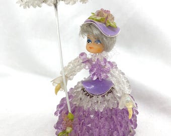 1970s Purple Handmade Beaded Safety Pin Victorian Lady Doll Figurine w/ Parasol & Hat (6.5" Tall)
