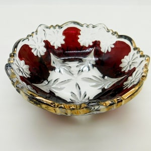 EAPG McKee Glass Puritan Ruby and Gold Stained Berry Bowl Sauce Dish Candy Dish PresCut 1910