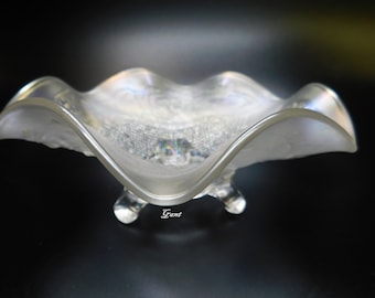 1920's Northwood Carnival Glass Fine Cut and Roses 3 In 1 Pattern Bowl White Iridescent Candy Dish