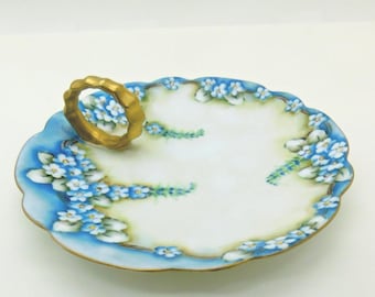 Vintage Hand Painted Bavaria Lemon Serving Dish Finger Handle Bavarian Blue Flowers Gold Handle