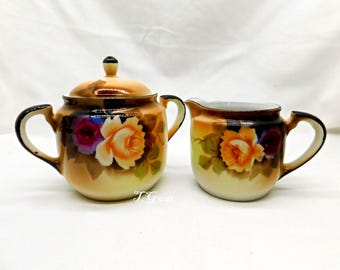 Vintage Noritake Cream and Sugar Circa 1911 Autumn and Fall Colors with Roses Breakfast Condiment