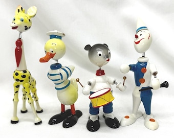 4 Made In Spain Goula Wooden Bobble Head Figures 1950-1960’s Clown Giraffe Bear Duck