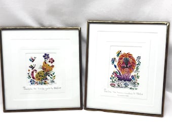 2 Vtg Cuadritos Limited Edition Hand Colored Etchings MI Mexico Kitten & Lion