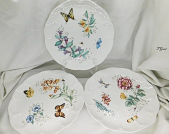 3 Lenox Butterfly Meadow 11" Dinner Plates Swallowtail Dragonfly Monarch by Louise Le Luyer