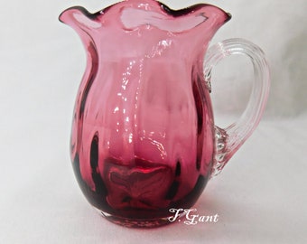 Vintage Cranberry Glass Miniature Jug Pitcher Reeded Handle Ribbed Optic Body