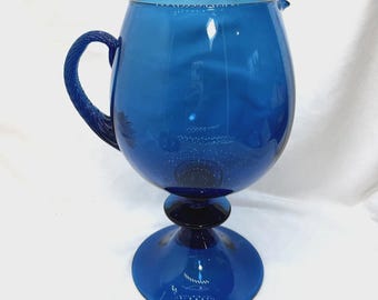 1960’s Empoli Peedee Vase/Pitcher Blue Are Glass 10.5” Applied Ribbed Handle MCM