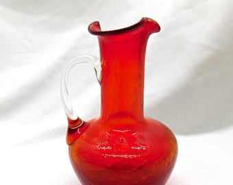 Vintage Pilgrim Amberina Crackle Glass Miniature Pitcher Jug Made 1949-69 Drop Over Handle