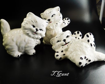 Set Of 3 Vintage Playful Persian White Ceramic Kittens Kitty Cat Figurines Adorable