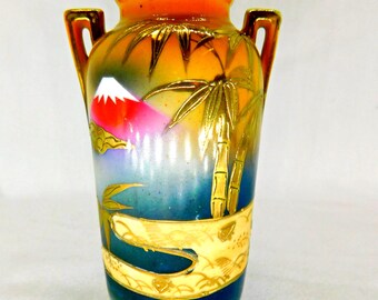 Stunning 1940's Nippon Porcelain 2 Handled 5" tall Vase Hand Painted Mt. Fuji and Bamboo Raised Gold Accents
