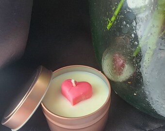 Valentine's Day Soy Candle  with a Heart and Rose Gold Candle tin.