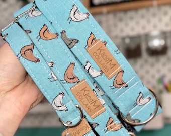 Spring Chickens Dog Collar, Martingale or Flat Collar, Dog Collar, Fabric Collar, K and M Collars, Unisex Collar, Farm Animals, Spring, Blue