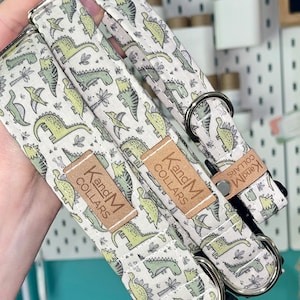Green Dinos Dog Collar, Martingale or Flat Collar, Fabric Dog Collar, KandMcollars, Dinosaurs, Unisex Collar, Neutral, Prehistoric Animals