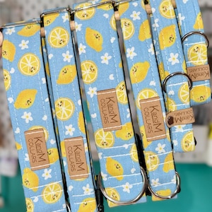 Collar para perro &quot;Limones Sonrientes&quot;, collar Martingala o plano, collar de tela, collares KandM, fruta, ácido, sonrisas, amarillo, azul, flores