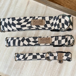 Zwarte golvende dambordhalsband, Martingale of platte kraag, katoenen kraag, K- en M-halsband, uniseks halsband, retro, hippie, gesp