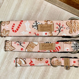 Pink Gingerbread Dreams Dog Collar, Martingale or Flat Collar, Festive Dog Collar, Fabric Dog Collar, K and M collars, Christmas Pics