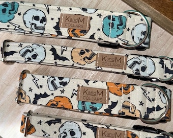 Neutral Skulls Dog Collar, Martingale or Flat Collar, Fabric Dog Collar, KandMcollars, Spooky, Boo, Halloween, Orange, White, Blue, Dead
