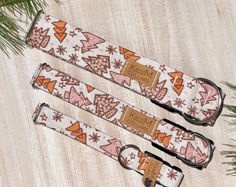 Pink Boho Christmas Trees Dog Collar, Martingale or Flat Collar, Festive Dog Collar, Fabric Dog Collar, K and M Collars, Dog Accessory