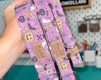 Purple Spooky Dog Collar, Martingale or Flat Collar, Halloween Dog Collar, Fabric Dog Collar, KandMcollars, Fall Pet Accessories, Ghosts