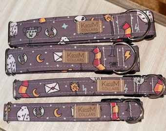 Witches & Wizards Dog Collar, Martingale or Flat Collar, Fabric Collar, KandMcollars, Halloween Fall, Pet Accessories, Brooms, Owls, Snitch