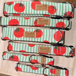 Peut inclure: Plusieurs colliers pour chiens avec un motif de tomates rouges et de rayures vertes. Chaque collier est équipé d'un anneau en D en métal et d'une étiquette en cuir avec l'inscription "KandM COLLARS". Présentés sur un plateau en bois.