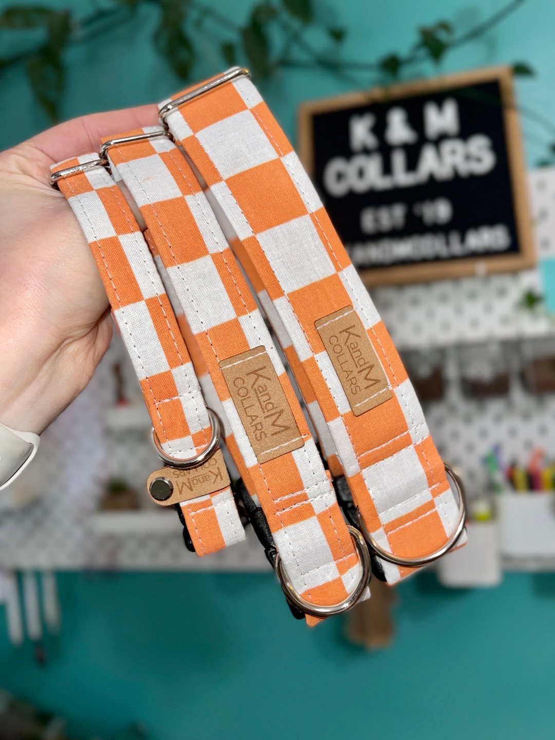 Orange and White Checkered Dog Collar, Martingale or Flat Collar, Dog