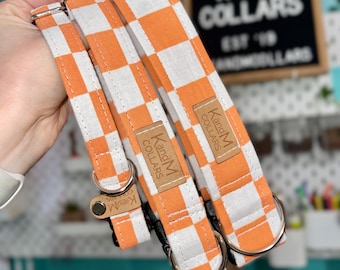 Orange and White Checkered Dog Collar, Martingale or Flat Collar, Dog Collar, Fabric Collar, K and M Collars, Unisex Collar, Tennessee, Knox