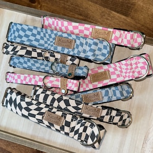 Navy Wavy Checkerboard Dog Collar, Martingale or Flat Collar, Cotton Fabric Collar, K and M Collars, Unisex Collar, Blue, Retro, Hippy image 3