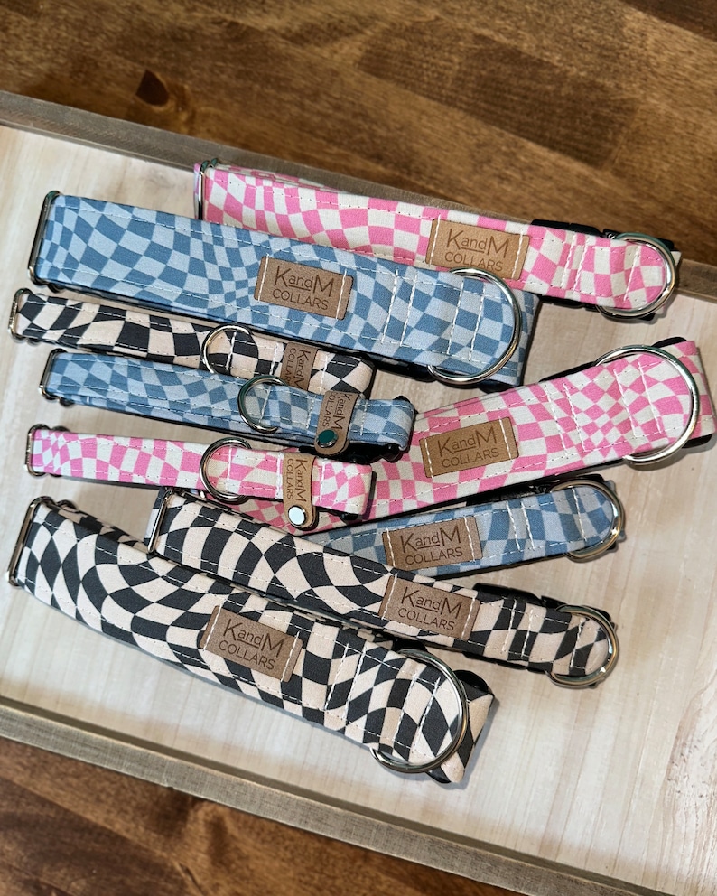 Navy Wavy Checkerboard Dog Collar, Martingale or Flat Collar, Cotton Fabric Collar, K and M Collars, Unisex Collar, Blue, Retro, Hippy image 3