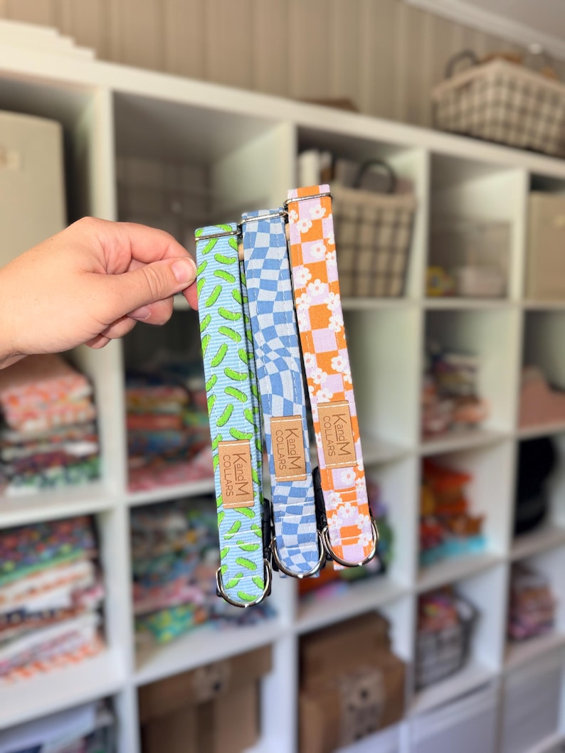 May include: Three fabric pet collars featuring distinct patterns: a light blue collar with green pickle shapes, a blue and white wavy checkerboard collar, and an orange and white checkerboard collar with white flowers. Each has a tan leather tag.