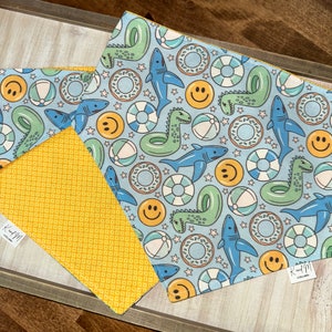 Blue Pool Party Dog Bandana, Reversible Bandana, Personalized Dog Bandana, Pet Accessory, K and M Collars, Summer, Dinos,Smiley Faces, Shark