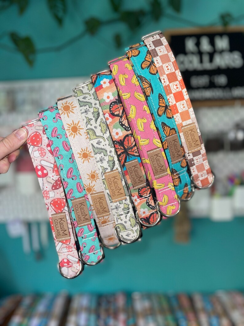 May include: A stack of eight colorful dog collars with different patterns, including mushrooms, flamingos, butterflies, dinosaurs, and bananas. Each collar has a silver buckle and a brown leather tag that reads "KandM Collars".