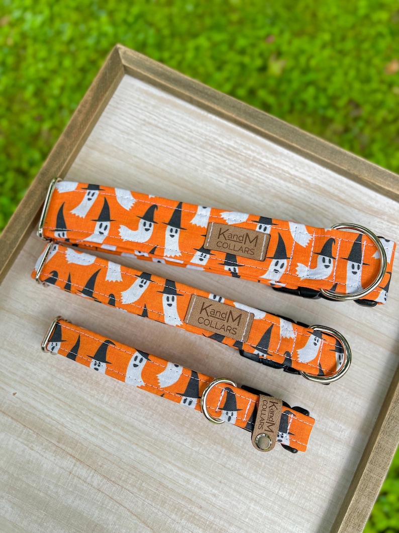 May include: Three orange and white dog collars with a ghost and witch hat pattern. The collars have black webbing and brown leather labels that say "KandM Collars".