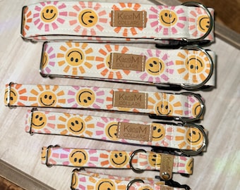 Smiley Face Sunshine Dog Collar, Martingale or Flat Collar, Fabric Dog Collar, KandMcollars, Unisex Collar, Summer, Sun, Bright, Cheerful