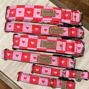 Red and Pink Checkered Hearts Dog Collar, Martingale or Flat Collar, Fabric Dog Collar, KandMcollars, Unisex Collar, Valentines Day, Love