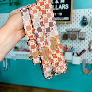 Collar para perro con caras sonrientes a cuadros, martingala o plano, de tela, unisex, retro, para otoño