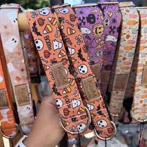 May include: A selection of Halloween-themed dog collars featuring various patterns, including ghosts, pumpkins, candy corn, and skulls. The collars are made by KandM Collars and come in a range of sizes.