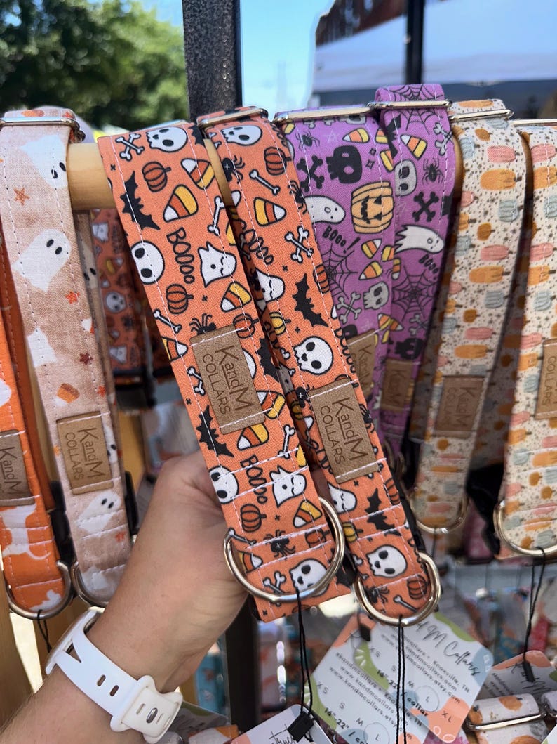 May include: A selection of Halloween-themed dog collars featuring various patterns, including ghosts, pumpkins, candy corn, and skulls. The collars are made by KandM Collars and come in a range of sizes.