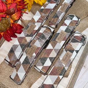 Mocha Triangles Dog Collar, Martingale or Flat Collar, Fall Dog Collar, Fabric Dog Collar, K and M collars, Fall Pet Accessories