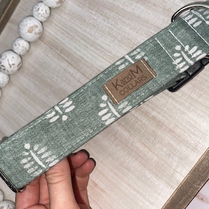 Sage Dash Dog Collar, Martingale or Flat Collar, Fabric Dog Collar, KandMcollars, Boho, Bohemian, Green and White, Neutral, Boy or Girl
