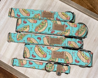 Hot Dogs Dog Collar, Martingale or Flat Collar, Dog Collar, Fabric Collar, K and M Collars, Unisex Collar, Food, Teal, Chicago Dogs, Loaded