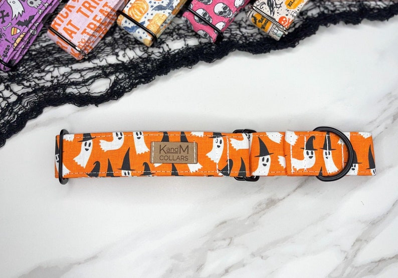 May include: Orange dog collar with a white ghost and witch hat pattern. The collar has a black metal buckle and a brown leather tag that says "KangM Collars".