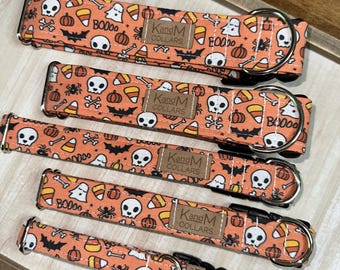 Orange Spooky Dog Collar, Martingale or Flat Collar, Halloween Dog Collar, Fabric Dog Collar, KandMcollars, Fall Pet Accessories