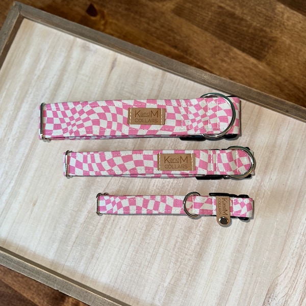 Pink Wavy Checkerboard Dog Collar, Martingale or Flat Collar, Cotton Fabric Collar, K and M Collars, Unisex Collar, Retro, Hippy