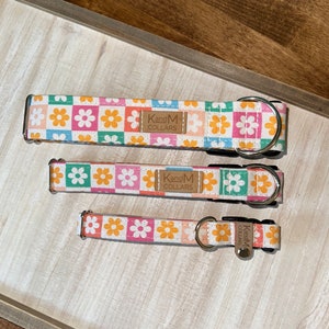 Summer Checkered Flowers Dog Collar, Martingale or Flat Collar, Dog Collar, Fabric Collar, KandMCollars, Unisex Collar, Retro, Multicolored