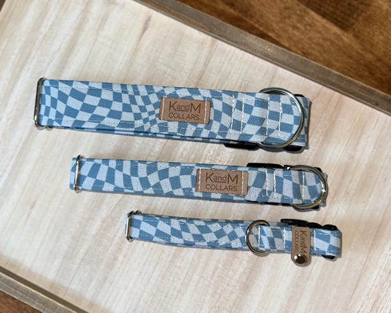 Navy Wavy Checkerboard Dog Collar, Martingale or Flat Collar, Cotton Fabric Collar, K and M Collars, Unisex Collar, Blue, Retro, Hippy