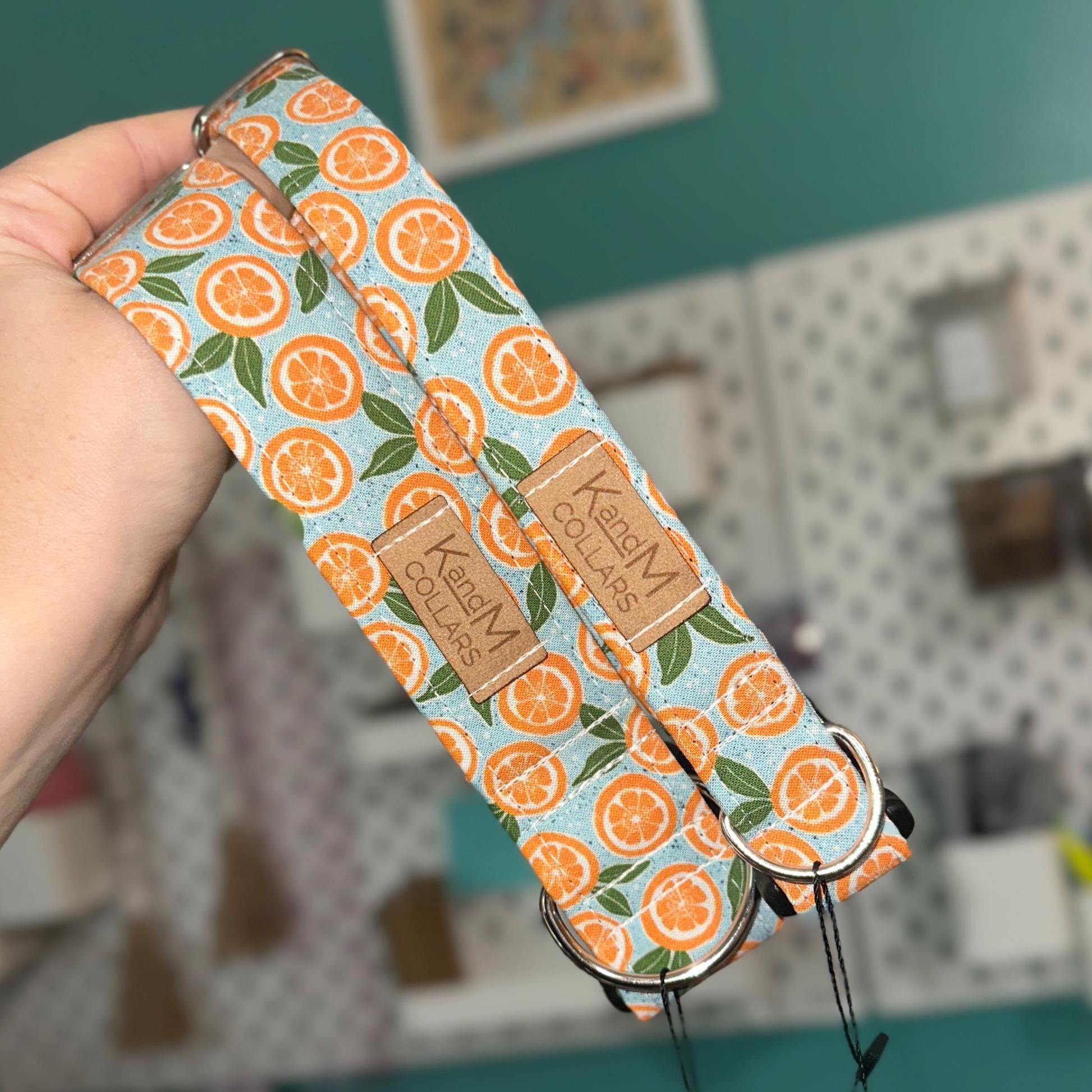Citrus Oranges Hundehalsband, Martingale oder flaches Halsband, Hundehalsband aus Stoff, KandMcollars, Unisex Halsband, Sommer, Hell, Blau gesprenkelt