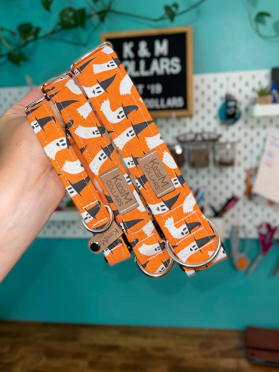 Ghosted Dog Collar, Martingale or Flat Collar, Halloween Dog Collar, Fabric Dog Collar, KandMcollars, Fall Pet Accessories, Bright Orange